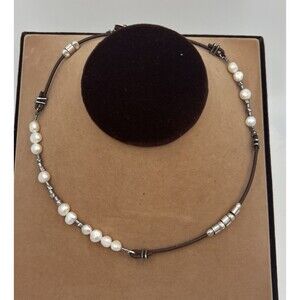 Signed Silpada Sterling Silver Beads Real Pearls  Leather Necklace 16" Retired